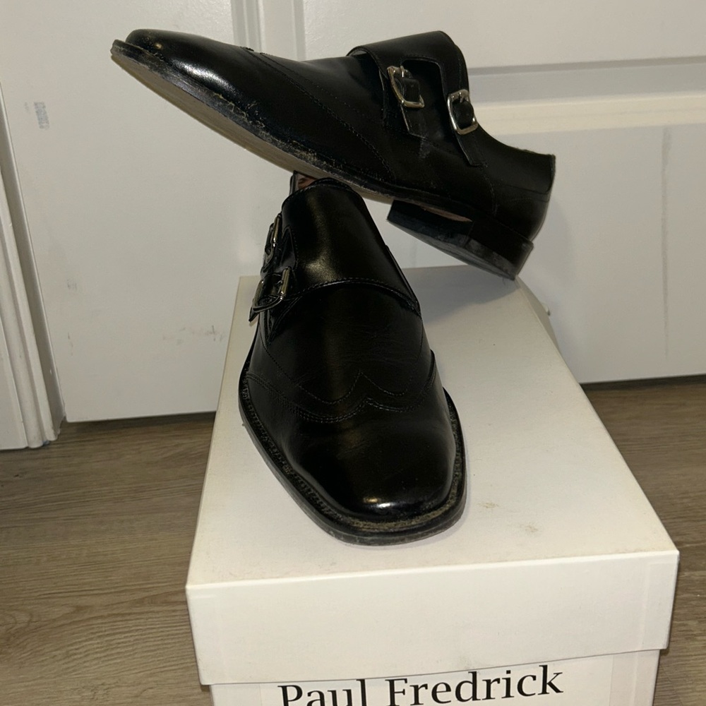 Paul Fredrick Men's 9.5 M Black Leather Monk Strap Dress Shoes Business Formal